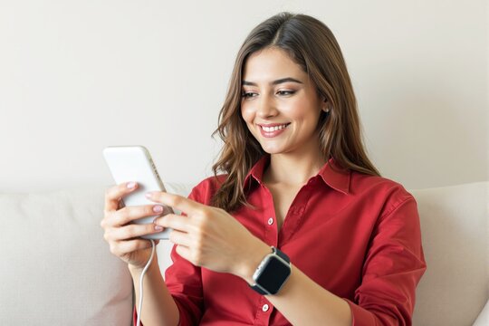 Woman smiling while using smartphone in casual setting, wearing red shirt and smartwatch, seated on light couch with relaxed expression. - Powered by Adobe