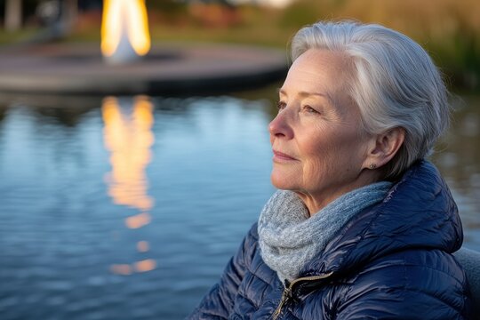 A serene older woman gazes thoughtfully at a calm water surface, with warm tones reflecting nearby flames, evoking peace and contemplation in an outdoor setting.