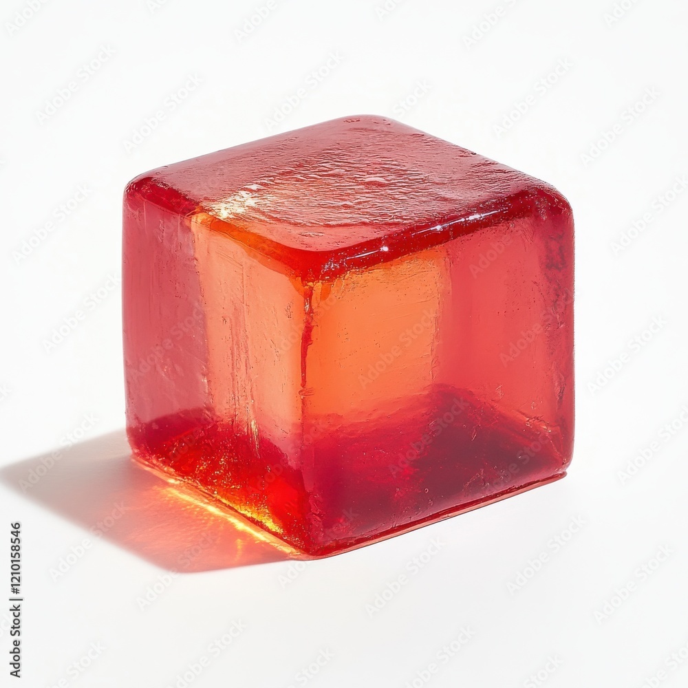 Aufkleber glossy cube of jelly resting on a smooth surface with vibrant red-orange hues at a kitchen setting