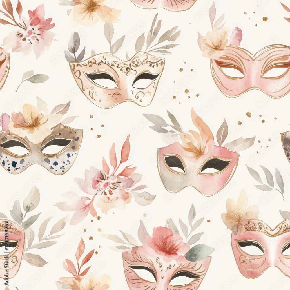 Aufkleber serene watercolor doodle of colorful masks surrounded by delicate flowers and soft patterns