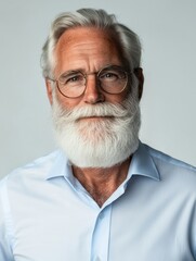 Mature man with glasses and full beard poses confidently in a light blue shirt against an elegant background