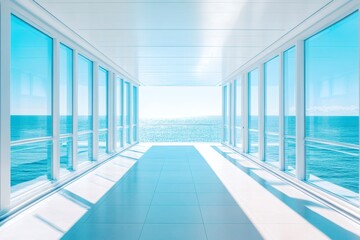 Sunlit hallway with ocean backdrop