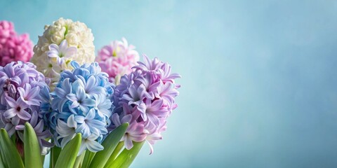 Pastel Hyacinth Blooms Against a Soft Blue Background, Perfect for Springtime Designs and Greeting Cards