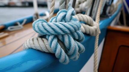 Fototapeta premium Rustic Nautical Charm: Detailed Close-up of Old Sailing Boat Ropes with Intricate Knots and Textures