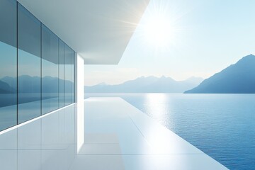 Sunlit hallway with ocean backdrop