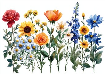 Fototapeta premium Beautiful line art featuring delicate hand-drawn illustrations of colorful garden flowers such as roses, daisies, and sunflowers
