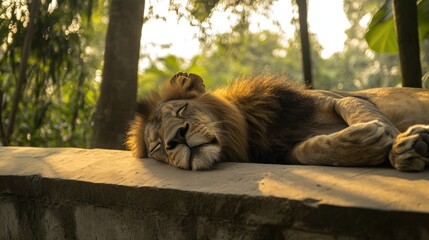 Naklejka premium Sleeping lion, zoo enclosure, jungle background, wildlife conservation