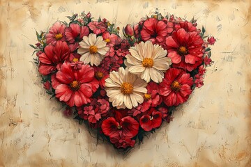 An artistic black and white ink illustration of flowers featuring a vibrant red accent