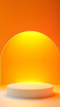 A modern pedestal podium with an open space for display, illuminated by soft lighting on a gradient orange and yellow background for Mother's Day