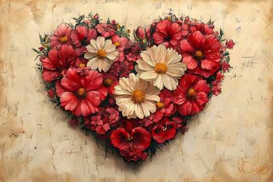 An artistic black and white ink illustration of flowers featuring a vibrant red accent