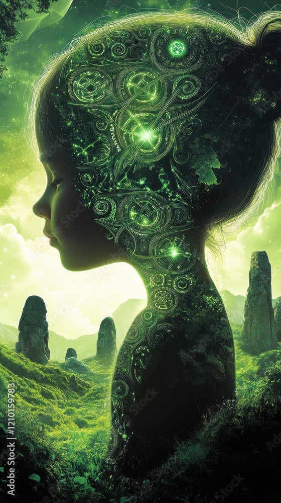 Poster serene profile of a child surrounded by nature with mystical green elements reflecting inner thought