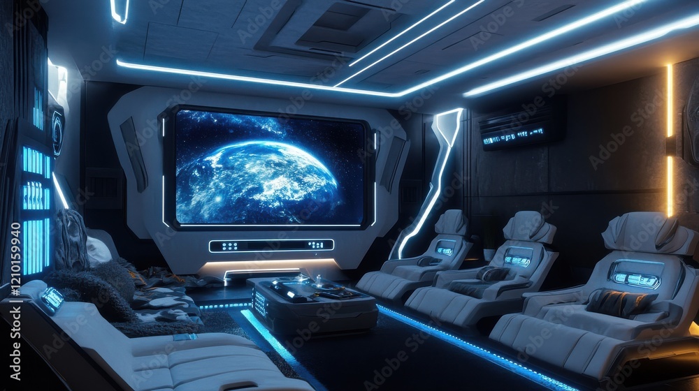 Poster sci-fi themed media room with glowing led lights and space visuals creating an immersive cinematic e