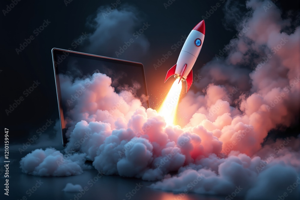 Poster rocket launching from a laptop screen surrounded by clouds of smoke and light.