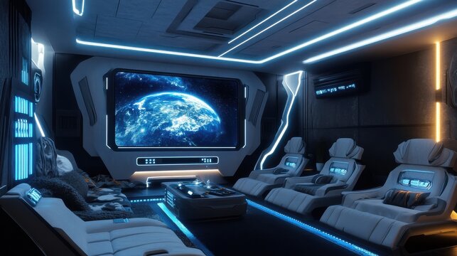 Sci-fi themed media room with glowing LED lights and space visuals creating an immersive cinematic experience