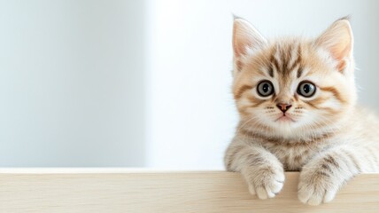 Adorable striped kitten with large eyes resting on wooden ledge