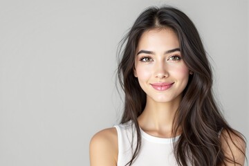 Naklejka premium Close-up of a smiling woman with long dark hair and natural makeup against a light background.