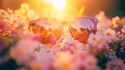 Stylish sunglasses surrounded by blooming flowers in a vibrant garden during golden hour