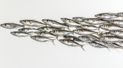 Silverfish school swimming white background, food illustration