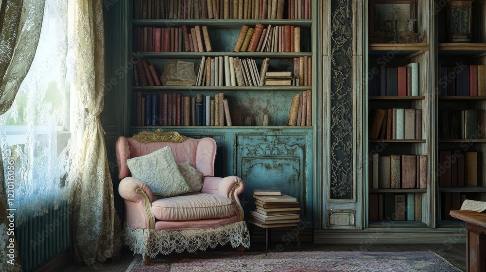 Aufkleber cozy reading corner featuring a pastel armchair and a vintage bookshelf filled with books in a seren