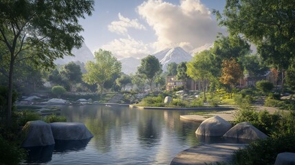 Fototapeta premium A serene lake is hidden in a green valley, surrounded by high mountains and snow-capped peaks in the distance. 