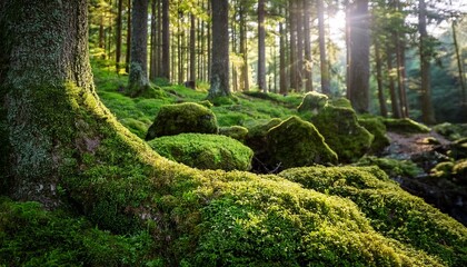 Lush Green Forest Moss Covering Rocks and Tree Roots in a Serene Woodland Setting