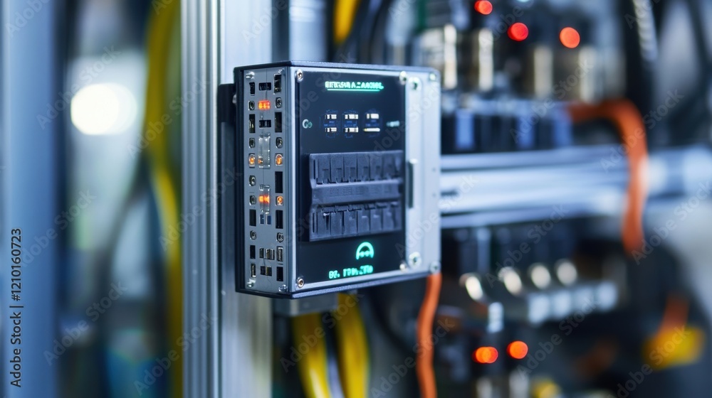 Poster close up of a programmable logic controller - plc - with illuminated indicators and a digital displa