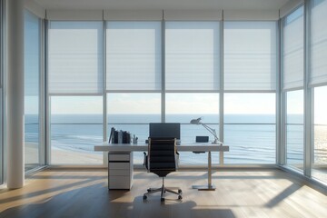 Modern home office with beachfront terrace