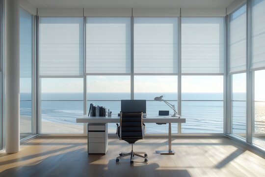 Modern home office with beachfront terrace