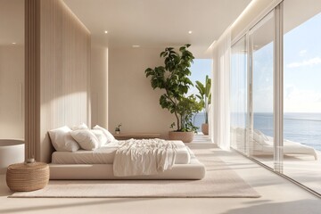 Fototapeta premium Luxury penthouse bedroom with sea horizon