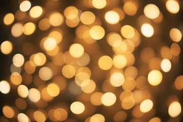 Fototapeta premium Abstract golden bokeh lights background with soft glowing circles on dark backdrop.