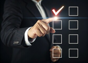 Businessman pressing checkbox button on virtual screen, business and technology concept