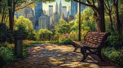 Naklejka premium Bench in park, summer landscape with city view daytime background, empty public place for walking and recreation with green trees, litter bins and street lamp. Urban garden Cartoon vector illustration