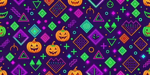 Fototapeta premium Vibrant Halloween Pattern Featuring Jack-o'-Lanterns and Geometric Shapes