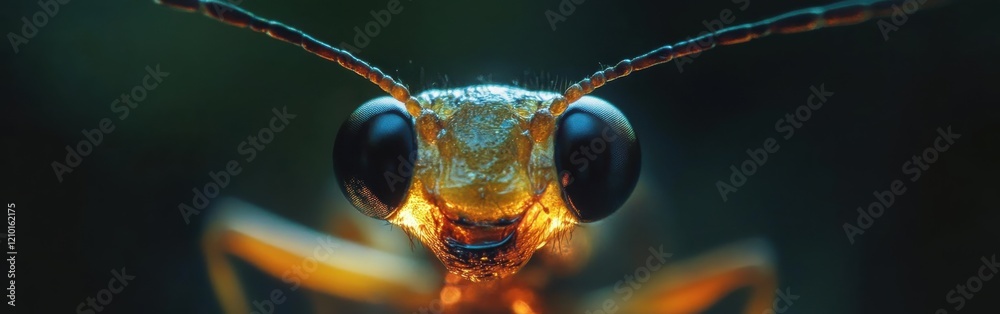 Poster macro view of a firefly's face showcasing intricate details of the creature's eyes and antennae in a