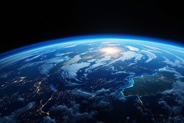 Obraz premium Stunning view of Earth from space with illuminated city lights and glowing atmosphere at sunrise.