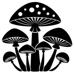 Black Silhouette of Stylized Mushrooms - Nature Vector Illustration