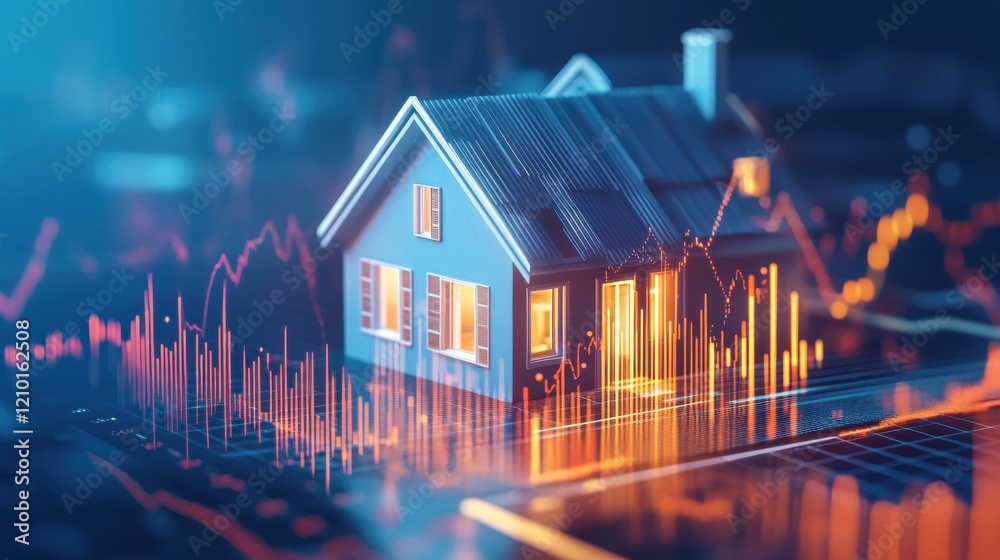 Aufkleber modern house glowing with data visualization in a digital landscape under twilight