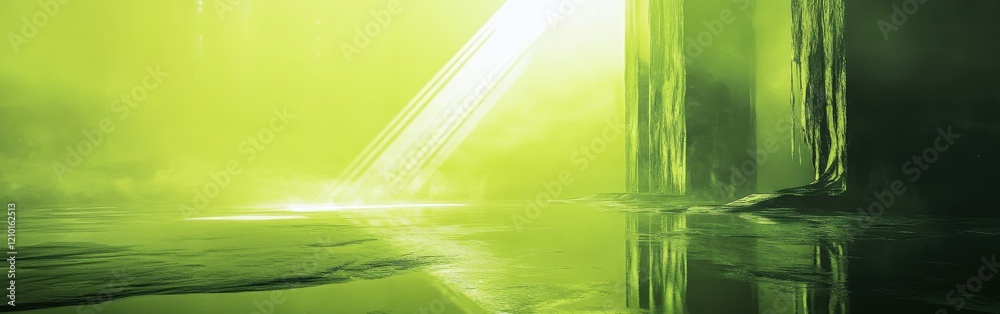 Aufkleber glowing lime-green and yellow environment with reflective surfaces and light beams illuminating the 