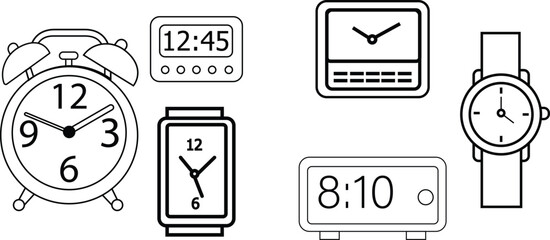 Minimalist Clock and Watch Icons Set – Includes Alarm Clocks, Digital Displays, Smartwatches, Wall Clocks, Analog Watches, and Desk Clocks for Time Management and Design Projects