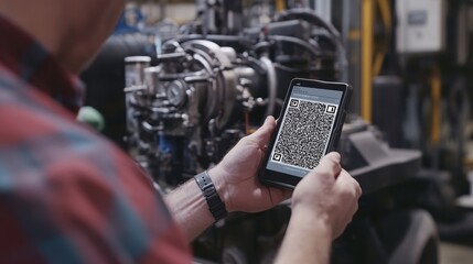 Factory worker using tablet with qr code scanner application for checking machinery, ensuring efficient operations and predictive maintenance in industrial environment