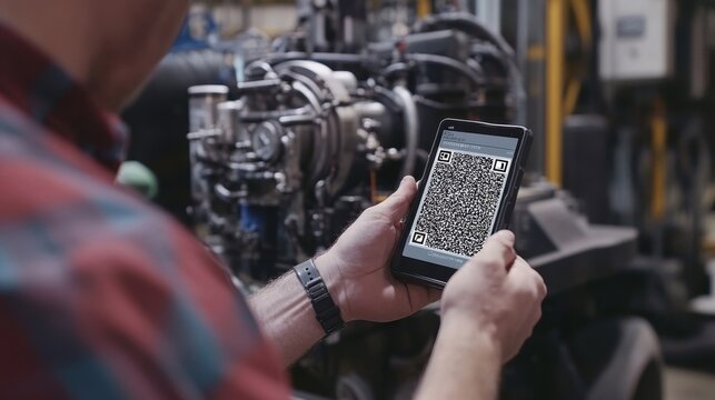 Factory worker using tablet with qr code scanner application for checking machinery, ensuring efficient operations and predictive maintenance in industrial environment