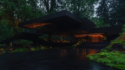 Naklejka premium Modern black minimalist villa nestled in a lush green forest at dusk with warm lights glowing from the windows.