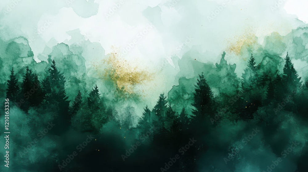 Poster dynamic watercolor transition from a misty forest with vibrant greenery and ethereal textures