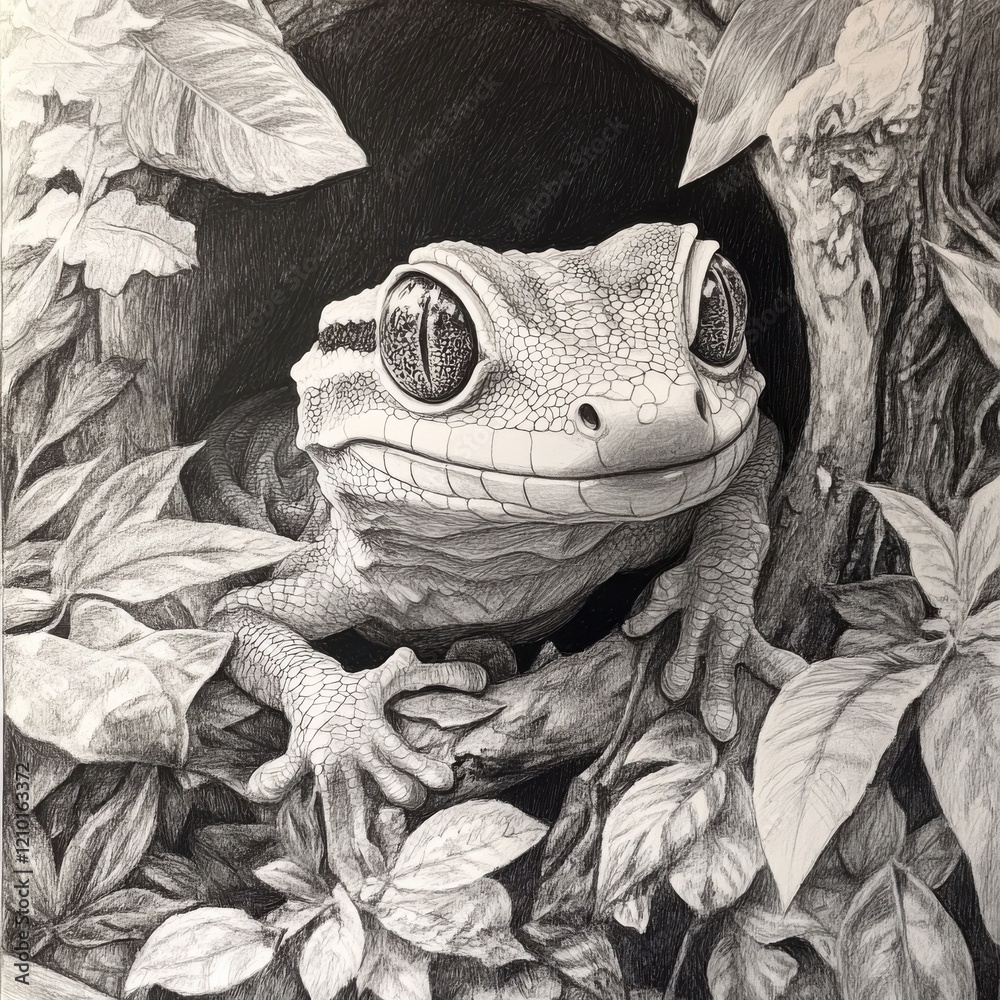 Poster gecko expertly camouflaged among the leaves in its natural habitat showcasing unique patterns and te