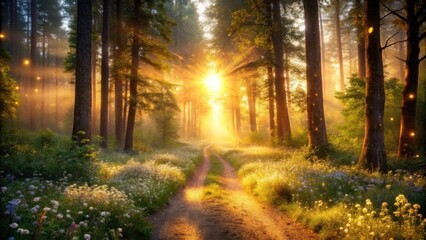 Obraz premium Golden Sunrise Illuminates a Mystical Forest Path Lined with Blooming Wildflowers