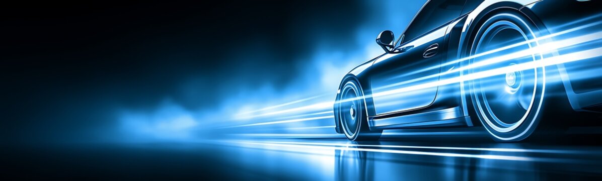 Fast car speeding, blue light trails.