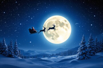 Santa Claus flying across the night sky with a glowing full moon and snowy landscape in the background.