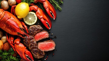 Top view reveals an extravagant platter featuring steak, lobster, fries, and broccoli with dipping sauces, perfect for a special meal