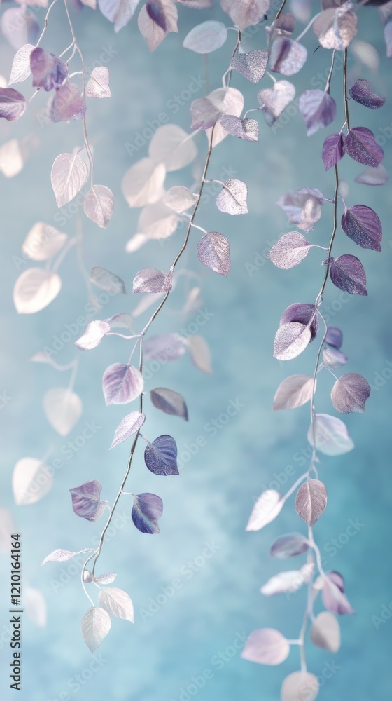 Poster hanging branches adorned with delicate pastel leaves create a serene atmosphere in softly diffused l