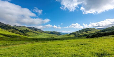 Fototapeta premium climate change carbon dioxide solutions concept. Vast green landscape under a bright blue sky with rolling hills and scattered clouds.